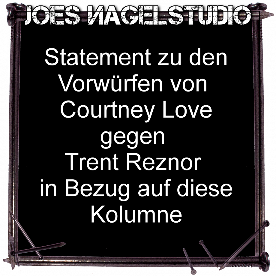 schwarzer Hintergrund mit "Statement zu den Vorwürfen von Courtney Love gegen Trent Reznor in Bezug auf diese Kolumne" darüber